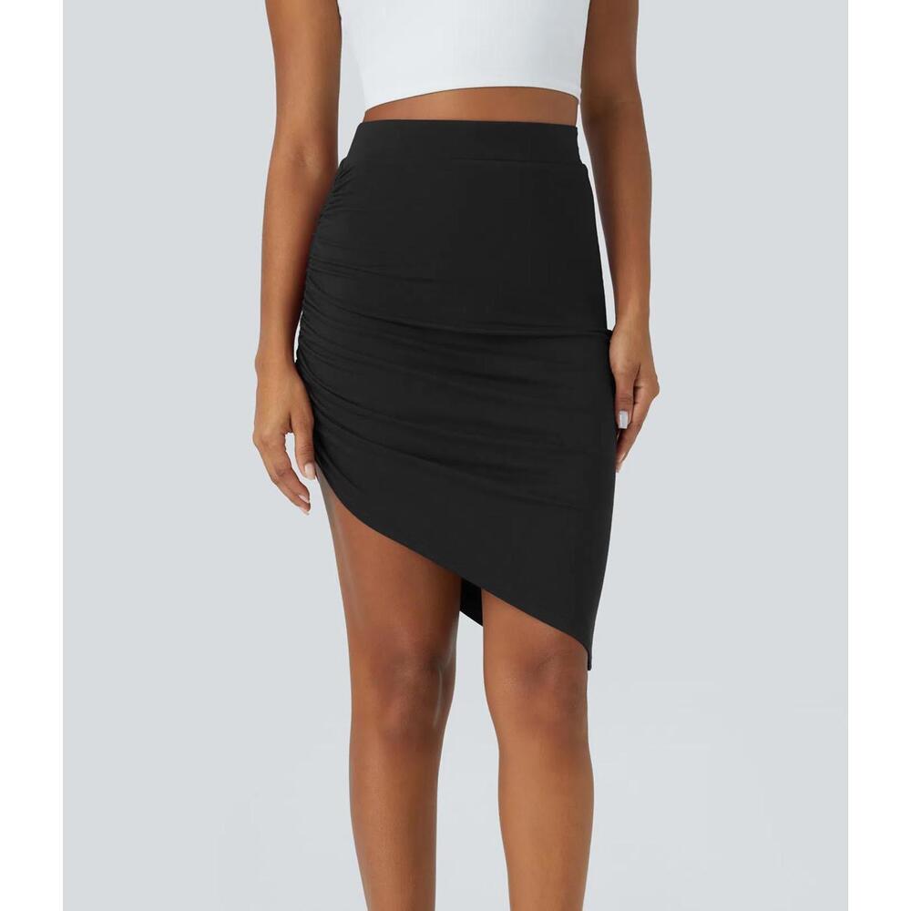 NWTHalara Mid Rise Ruched Asymmetric Hem Bodycon Mini Casual Skirt Black XL